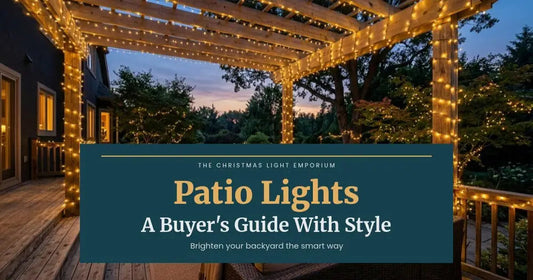 Backyard pergola and deck wrapped in warm white string lights at dusk. Branded title card from The Christmas Light Emporium reads: Patio Lights — A Buyer's Guide With Style.