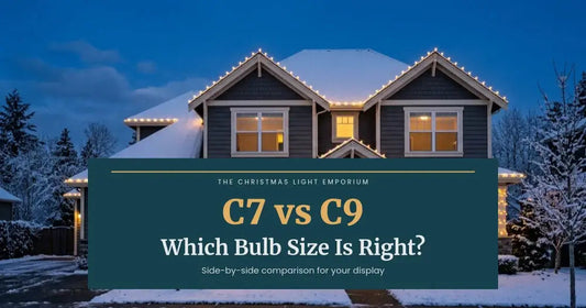 Snowy two-story home with warm white roofline lights at dusk. Branded title card from The Christmas Light Emporium reads: C7 vs C9 — Which Bulb Size Is Right?.
