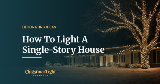 Single-story ranch home outlined in warm white C9 lights at night with a large wrapped tree beside it