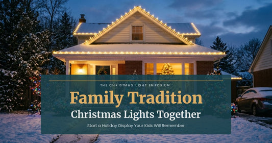Family home with warm Christmas lights display at evening