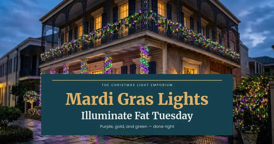 New Orleans-style balcony draped in purple, green and gold garland and lights at dusk. Branded title card from The Christmas Light Emporium reads: Mardi Gras Lights — Illuminate Fat Tuesday.