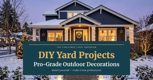 Snowy blue home with warm white roofline lights, wreath and lit shrubs at dusk. Branded title card from The Christmas Light Emporium reads: DIY Yard Projects — Pro-Grade Outdoor Decorations.