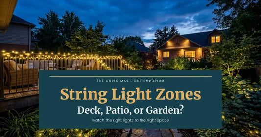 Backyard deck with warm white string lights and a lit home behind at dusk. Branded title card from The Christmas Light Emporium reads: String Light Zones — Deck, Patio, or Garden?.