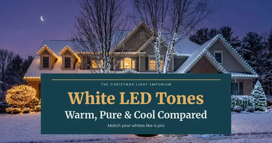 Snowy home with warm white roofline lights and cool white wrapped trees under a crescent moon. Branded title card from The Christmas Light Emporium reads: White LED Tones — Warm, Pure & Cool Compared.