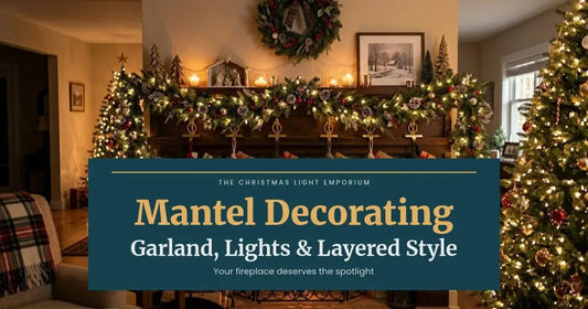 Fireplace mantel decorated with lit garland, candles and stockings beside a Christmas tree. Branded title card from The Christmas Light Emporium reads: Mantel Decorating — Garland, Lights & Layered Style.