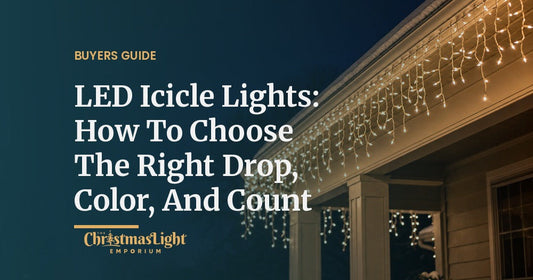Warm white LED icicle lights with varied drop lengths hanging from a porch roofline at night
