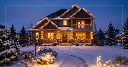 Christmas lights in chase sequence pattern running along a residential roofline at twilight