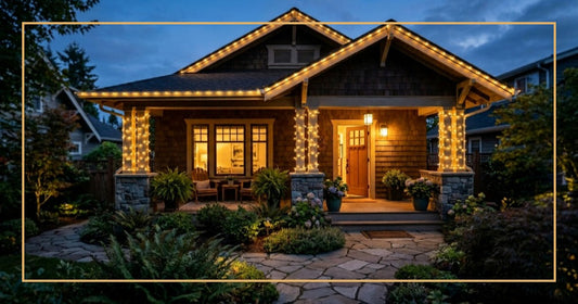 Warm white string lights professionally attached along a house roofline and porch columns at dusk