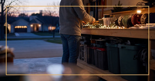 Organized Christmas light supplies and storage bins ready for stress-free decorating