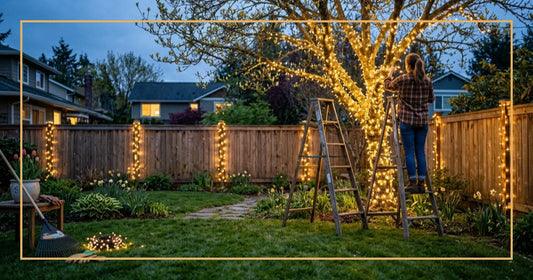Suburban backyard at twilight with warm white LED lights wrapped around trees and fence posts in a DIY spring setup