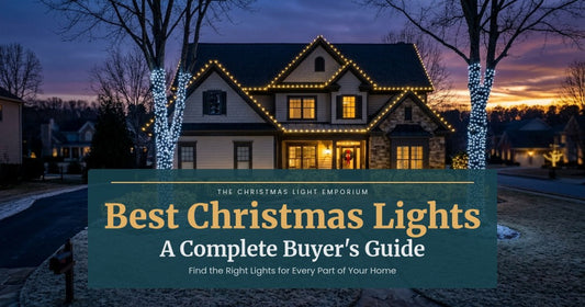 Title image of a suburban home at dusk with warm white C9 LED lights on the roofline, mini lights wrapped around front yard trees, and net lights covering bushes