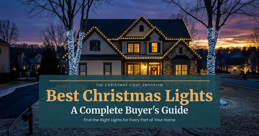 Title image of a suburban home at dusk with warm white C9 LED lights on the roofline, mini lights wrapped around front yard trees, and net lights covering bushes