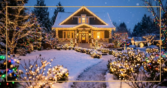 Elaborate outdoor Christmas light display on a residential home at twilight with warm white and multicolor LED lights