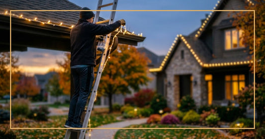 Homeowner installing Christmas lights along a suburban roofline at dusk in early autumn
