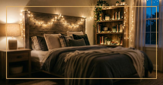 Featured image of Christmas light strings used as creative home decor in a warm bedroom setting