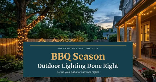 Backyard patio with string lights, a light-wrapped tree and a lit porch at dusk. Branded title card from The Christmas Light Emporium reads: BBQ Season — Outdoor Lighting Done Right.