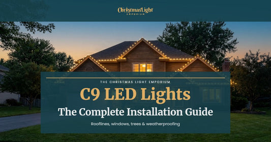 Title image of a two-story suburban home at dusk with warm white C9 LED Christmas lights evenly outlining the roofline and eaves. Image text reads: C9 LED Lights / The Complete Installation Guide / Rooflines, windows, trees and weatherproofing
