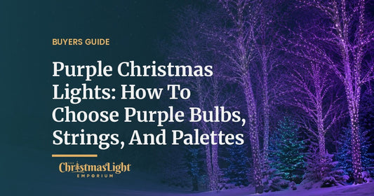 A grove of tall bare birch trees on a snowy hillside at night, every trunk and branch wrapped in purple LED Christmas lights, with small evergreens lit in teal and blue beside them as snow falls