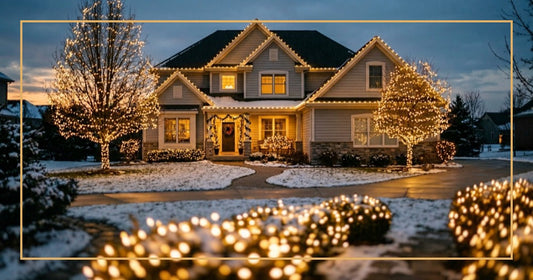 Suburban home with professional-grade warm white Christmas lights along roofline and around trees at twilight