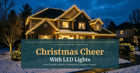 Title image of suburban home at dusk with warm white LED Christmas lights. Image text reads: Christmas Cheer / With LED Lights / How to Build a Warm Professional Outdoor Display