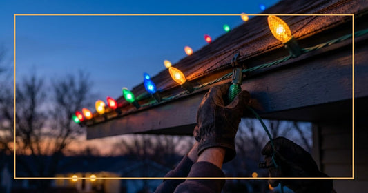 Colorful C9 Christmas bulbs being installed on a roofline at dusk with warm glow