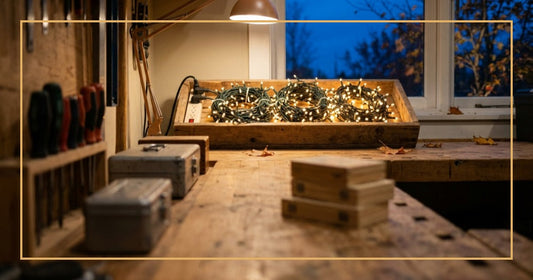 Organized garage workbench with Christmas light strings being tested and prepared for the season
