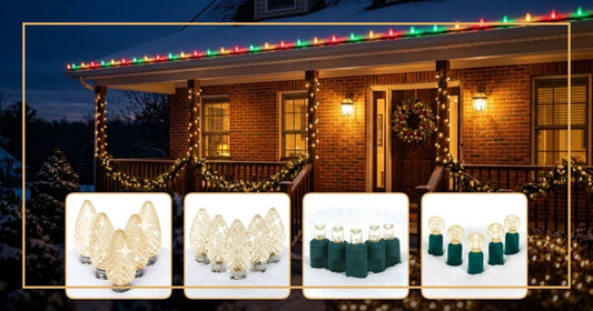 Christmas light bulb types including C9, C7, 5mm LED, and G12 lights glowing at twilight