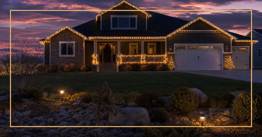 Well-maintained home at dusk with safely installed Christmas lights along roofline