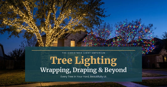Title image of trees wrapped and draped in warm white and multicolor LED Christmas lights at twilight in a residential front yard. Image text reads: Tree Lighting / Wrapping, Draping & Beyond / Every Tree in Your Yard, Beautifully Lit