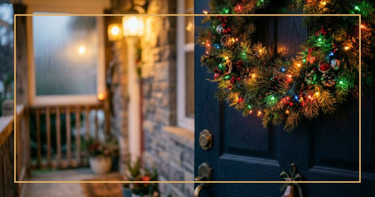 Christmas lights maintenance and troubleshooting guide with wreath detail at dusk and gold border frame