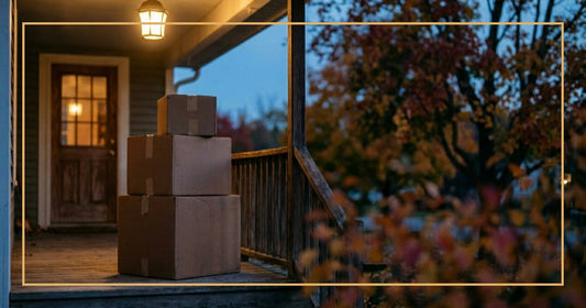 Shipping boxes of Christmas lights on a front porch at twilight in early autumn