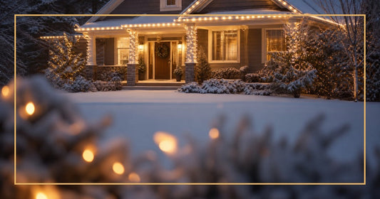 Cozy home with warm white Christmas lights on roofline at peaceful winter twilight