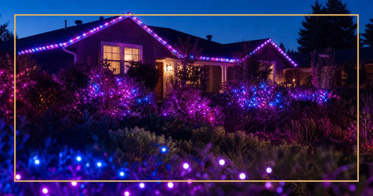 Home exterior at twilight with colorful multicolor LED Christmas light strings in unique color combinations