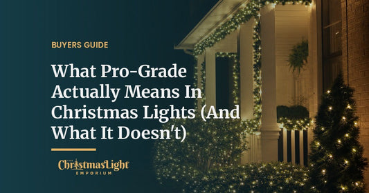 Brightly glowing warm white LED Christmas light string details on a home exterior at night showing crisp, vivid points of light