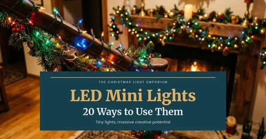 Fireplace mantel and staircase railing wrapped in garland with multicolor mini lights. Branded title card from The Christmas Light Emporium reads: LED Mini Lights — 20 Ways to Use Them.