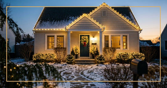 First home decorated with warm white LED Christmas lights at twilight with glowing roofline and wrapped shrubs