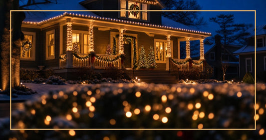 Home decorated with warm white Christmas LED lights at dusk with lights on roofline and porch
