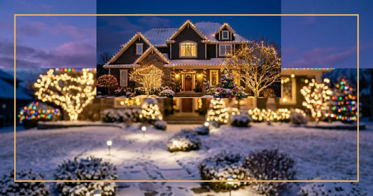 DIY Christmas decorating guide with decorated home at twilight and gold border frame