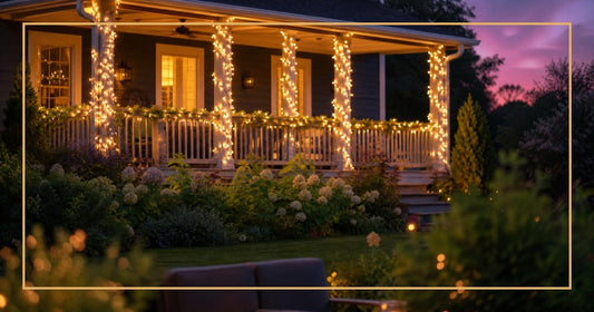 Backyard patio illuminated with warm white LED light strings at twilight