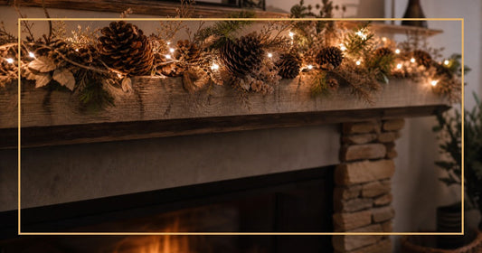 DIY pine cone garland with warm white twinkle lights on a rustic mantelpiece