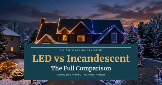 Snowy home with multicolor roofline lights and a blue-lit tree at dusk. Branded title card from The Christmas Light Emporium reads: LED vs Incandescent — The Full Comparison.