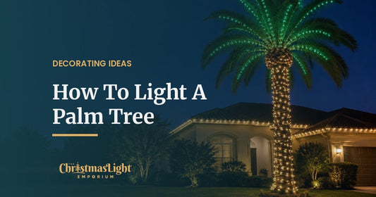 A tall palm tree at night with its trunk spiral-wrapped in warm white mini lights and its fronds outlined in green lights, in front of a single-story home with a warm white roofline