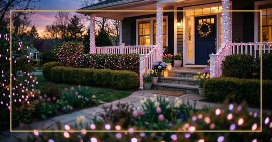 Pastel Easter LED lights glowing on bushes and porch railings at twilight