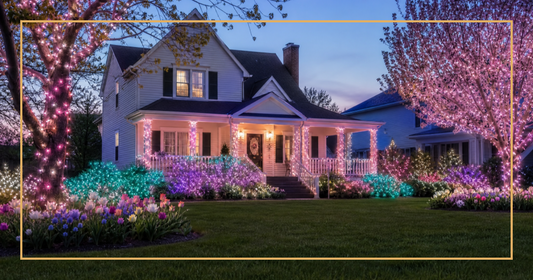 Suburban home at dusk with pastel Easter LED lights in pink lavender teal and white glowing on porch and garden