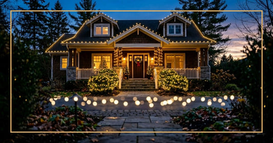 Craftsman home with neatly installed Christmas lights along roofline and porch railings at dusk