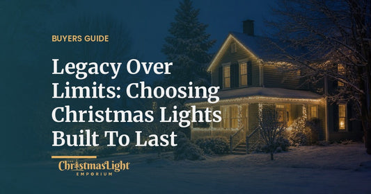 Warm white LED Christmas lights glowing along the eaves and porch of a family home on a snowy evening