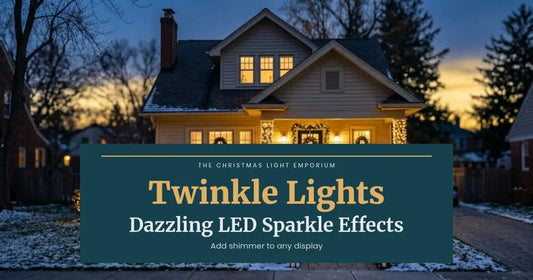 Bungalow with warm white roofline lights and a lit front porch at sunset. Branded title card from The Christmas Light Emporium reads: Twinkle Lights — Dazzling LED Sparkle Effects.