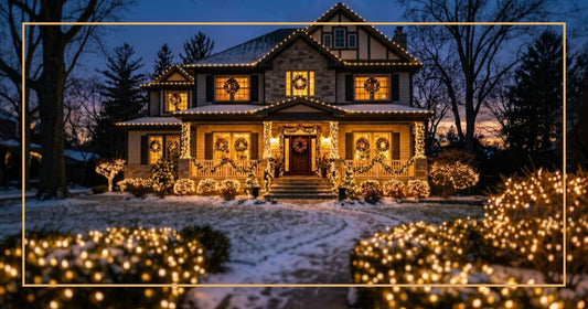 Holiday decorations guide featuring a home with LED Christmas lights at twilight with gold border frame