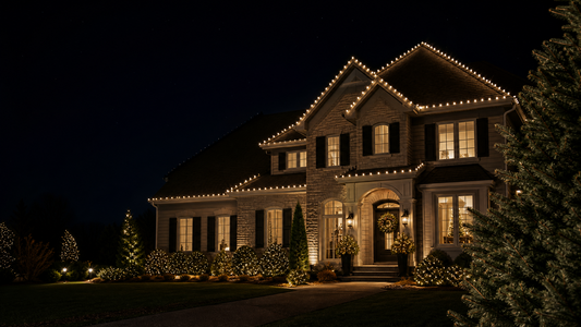 Lit home exterior at night with one dark section of roofline lights indicating a faulty bulb or fuse.