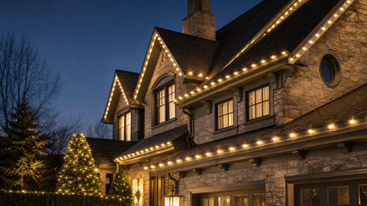 Warm white Christmas lights installed along a home roofline at dusk.